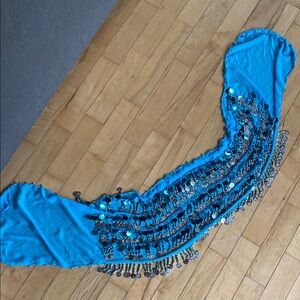 Blue Belly Dance Hip Scarf with Silver Coins